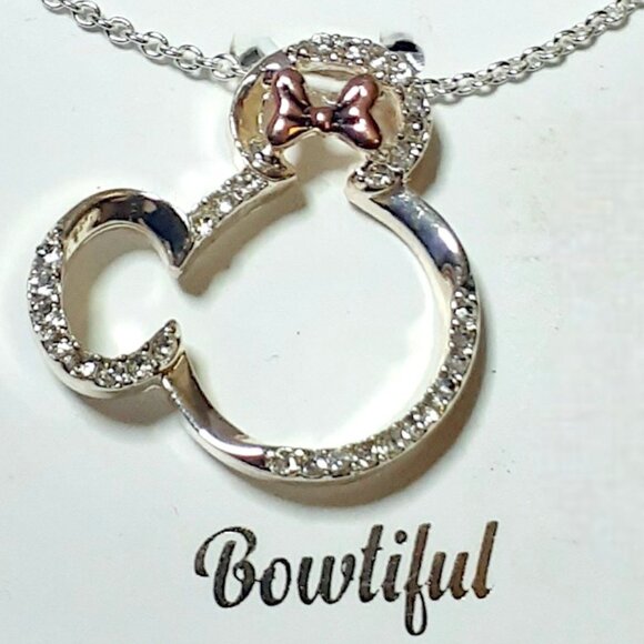 NWT Disney Two-Tone Fine Silver-Plated "Bowtiful" Minnie Mouse Pendant Necklace - Picture 2 of 5